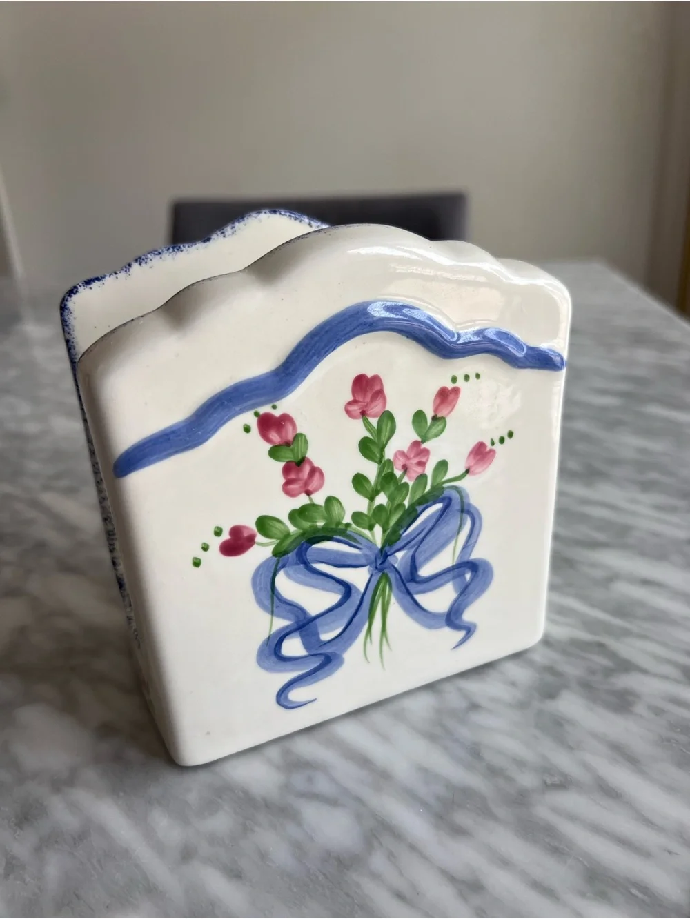 Hand-Painted Floral Ceramic Napkin Holder - Blue and Pink